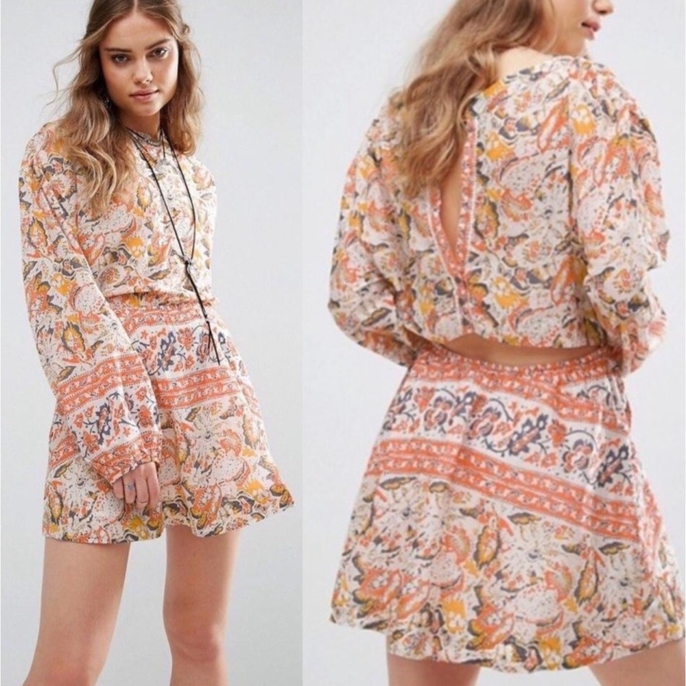 Free People Sun Print Paisley Cutout Mini Dress Orange Yellow Gray Size M
